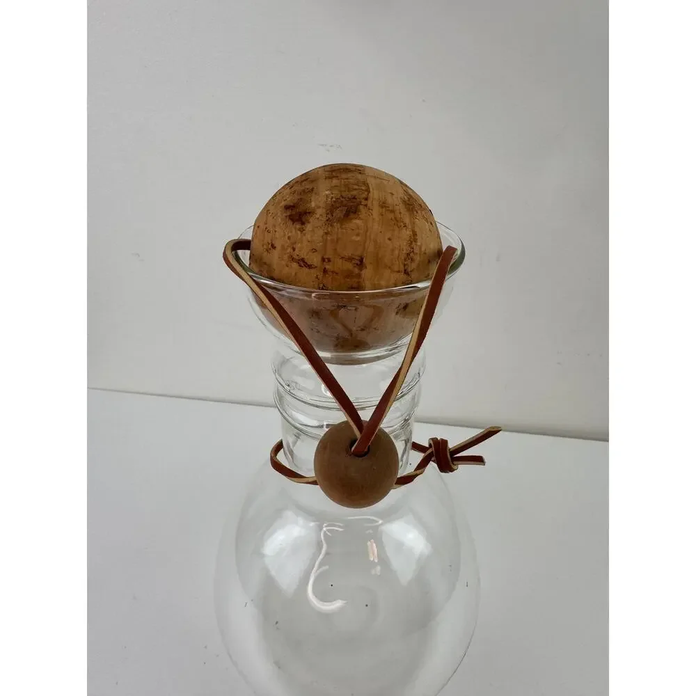 Vintage Pyrex Wine Carafe Decanter Glass Leather Bound Cork Ball Stopper 1-Liter